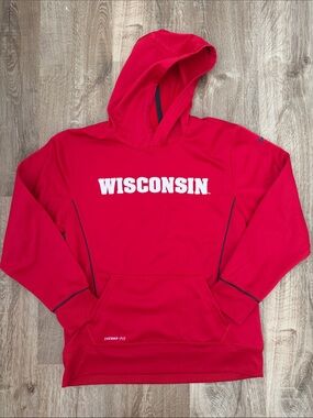 Wisconsin Kids Nike Red Hoodie with White Logo, Size Large (16/18)